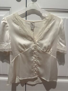 Ivory Satin Lace Button-Front Blouse
